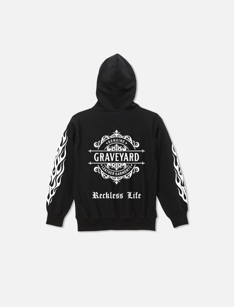 F&G06 12oz SWEAT ZIP HOODIE BK/Graveyard LOGO&FLAMES
