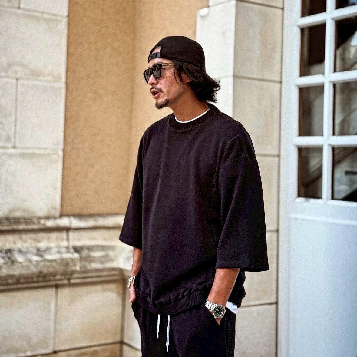 Compact spin cotton oversized pullover Black