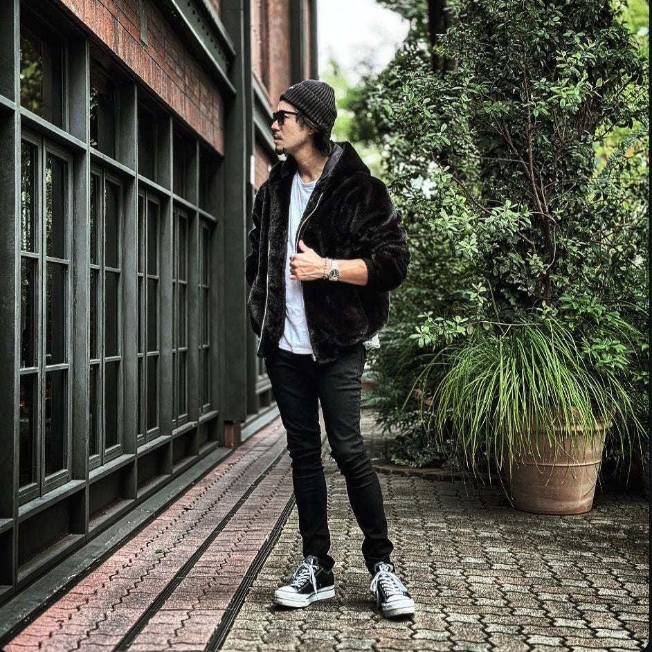 THE BAR別注フェイクミンクフード付ブルゾン「MOUSSES(ムース)」#ブラック