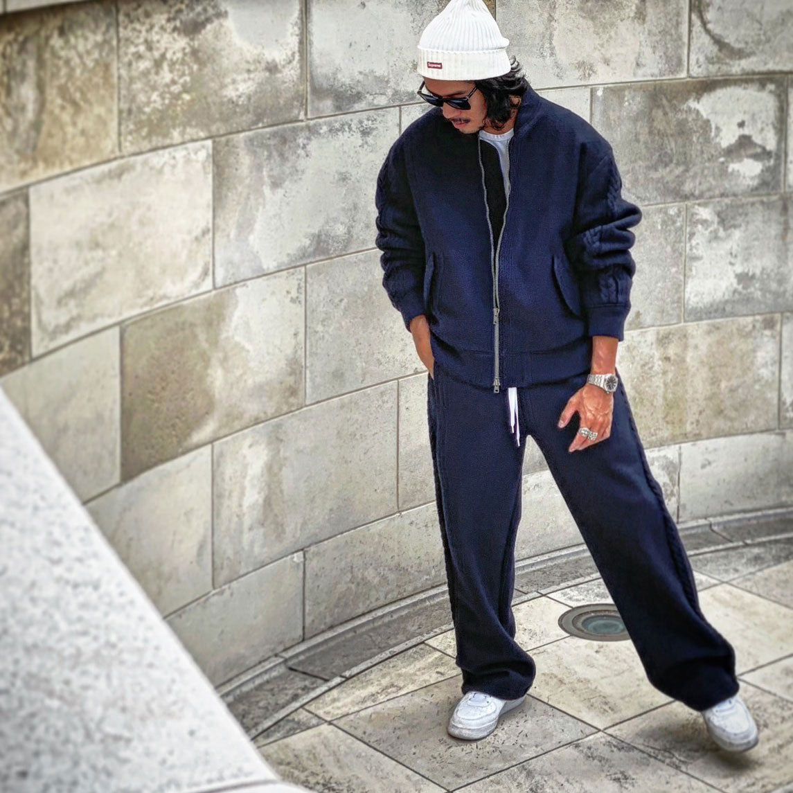 Wool felt cable semi-wide pants Dark Navy