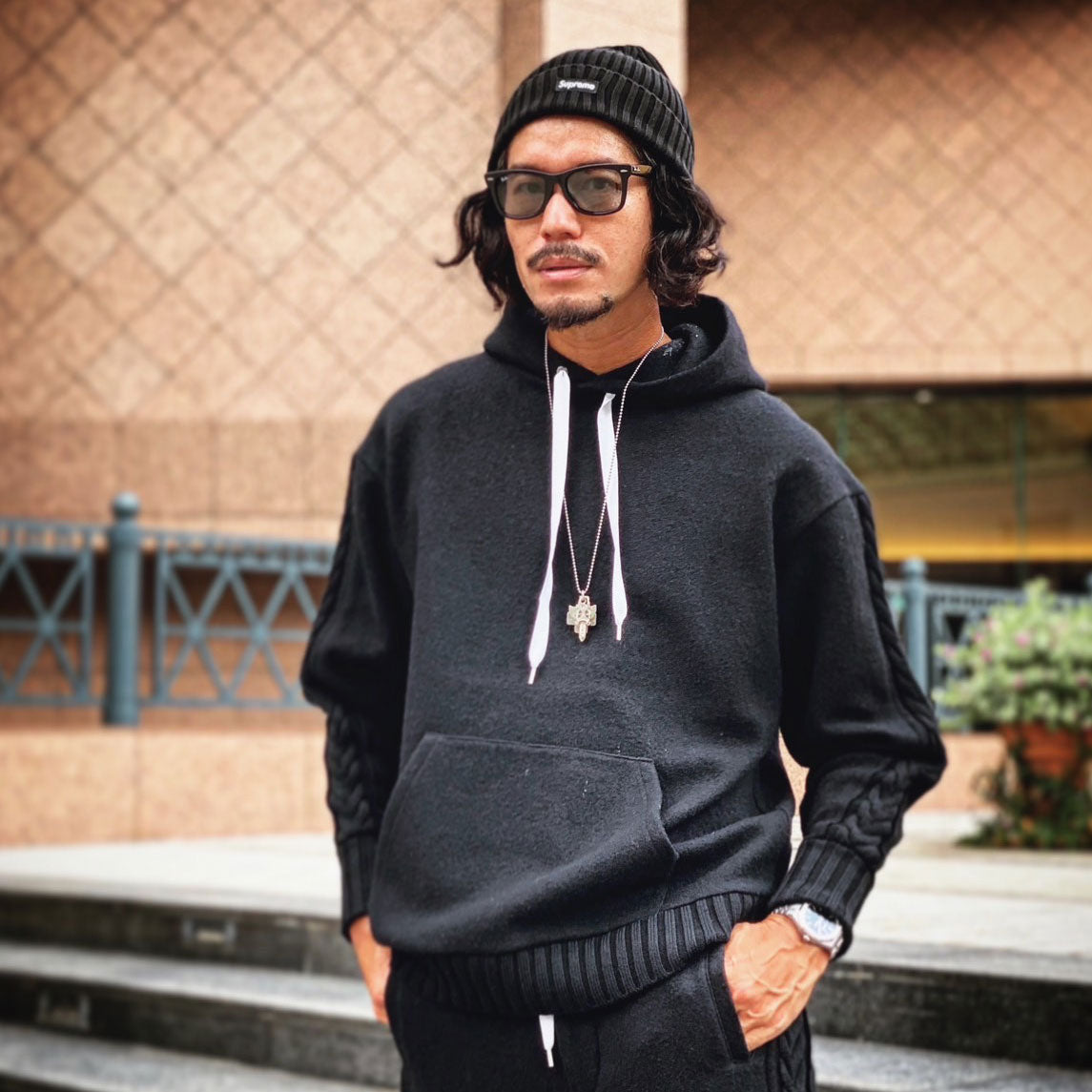 Wool felt cable hoodie Black