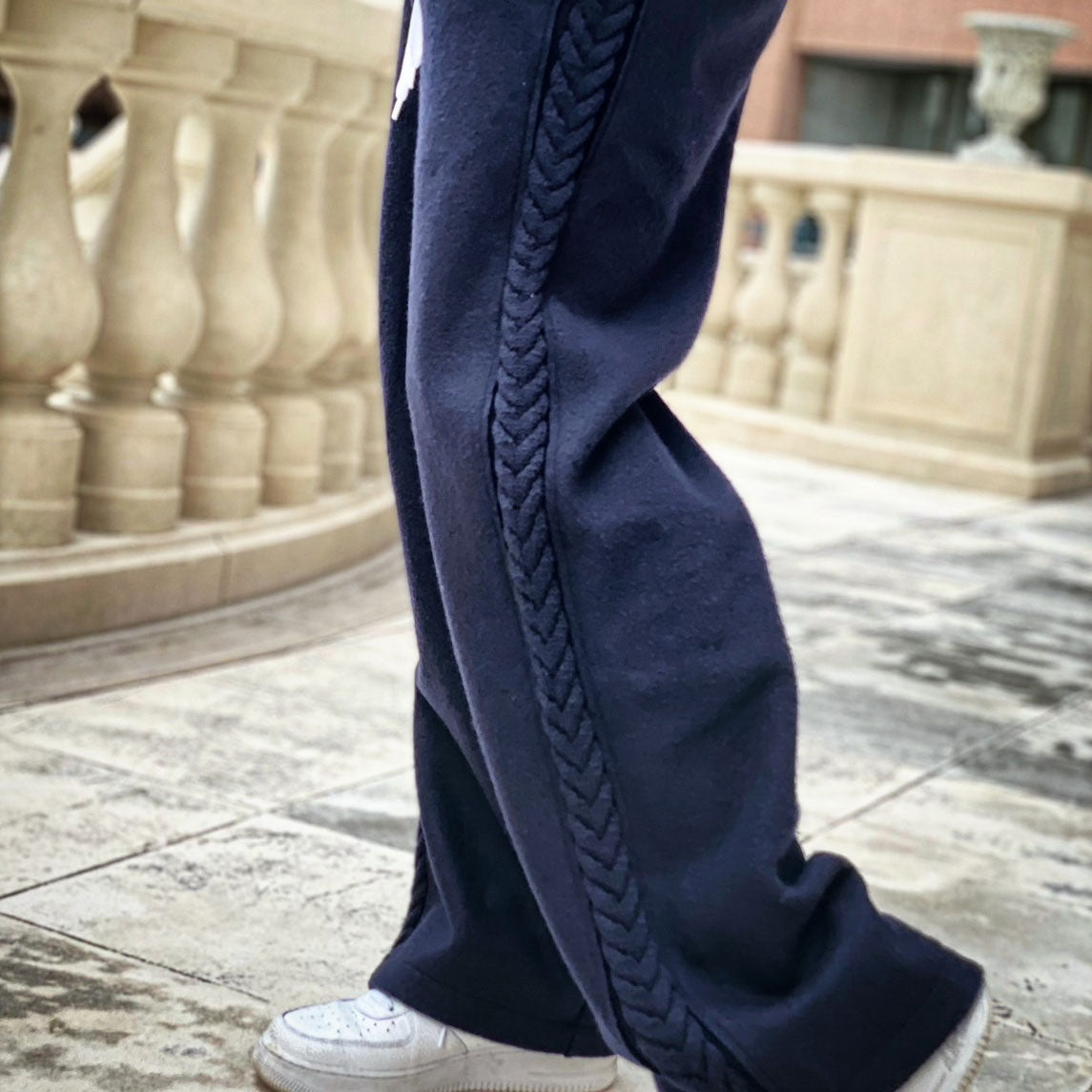 Wool felt cable semi-wide pants Dark Navy