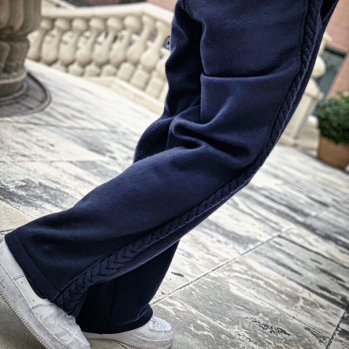 Wool felt cable semi-wide pants Dark Navy