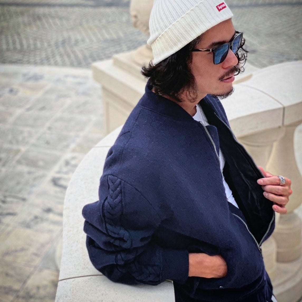 Wool felt cable flight jacket Dark navy