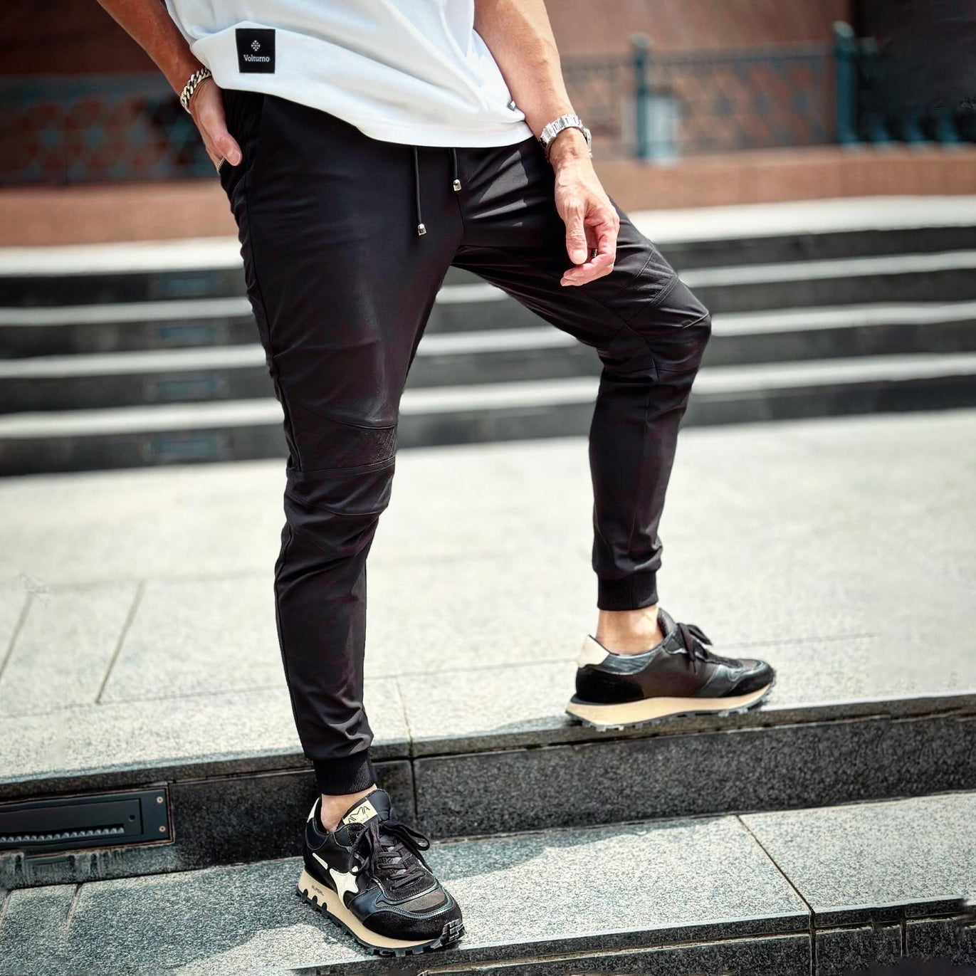 Stretch Nylon Back Slim Biker Rib Pants